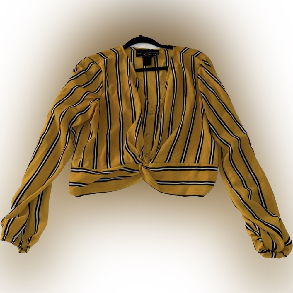 Polly & Esther Yellow Women’s Striped V Neck Blouse with Subtle Buttons Sleeves